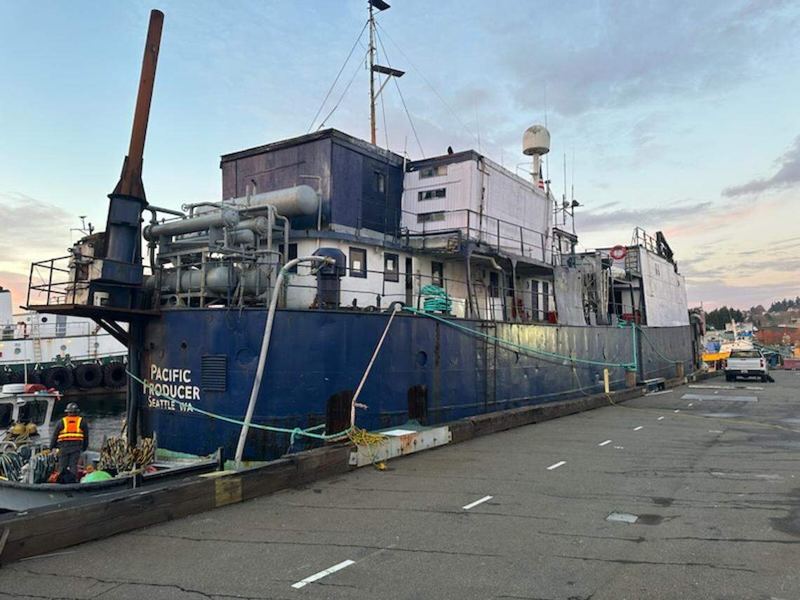 The Pacific Producer tied up at Foss Maritime on Seattle’s Ship Canal after it was towed out of Tacoma on Nov. 28, 2023.