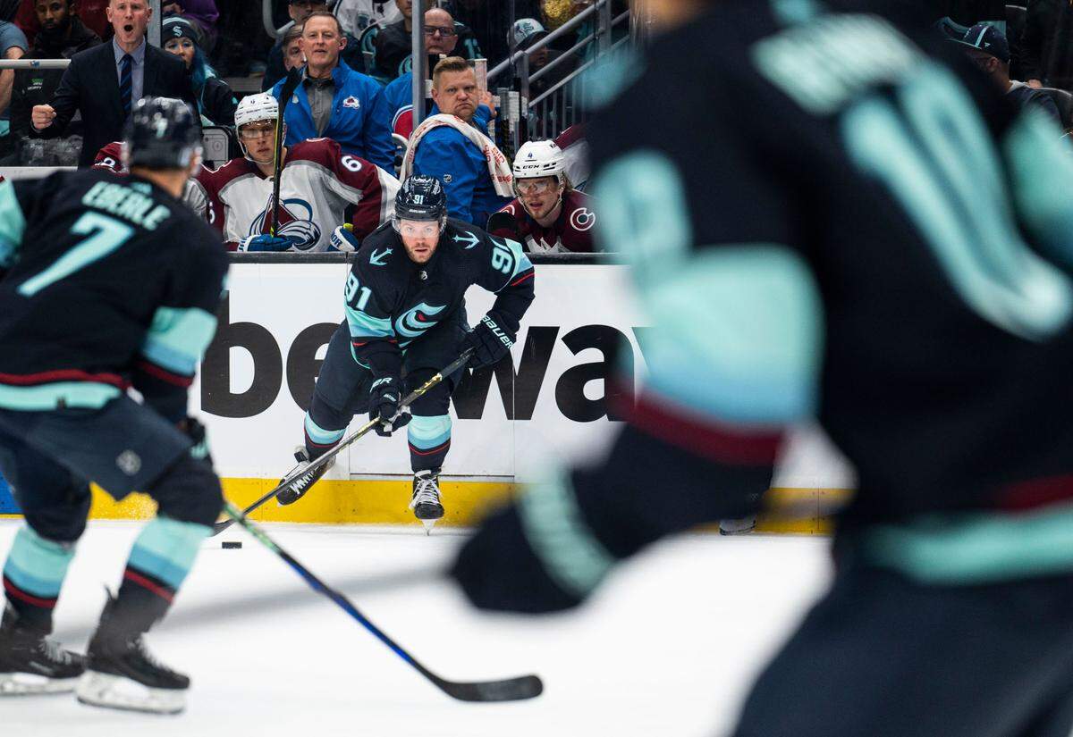 Seattle Kraken right wing Daniel Sprong (91) passes the puck during the first period of a first round 2023 Stanley Cup Playoffs game against the Colorado Avalanches at Climate Pledge Arena in Seattle on Saturday, April 22, 2023.