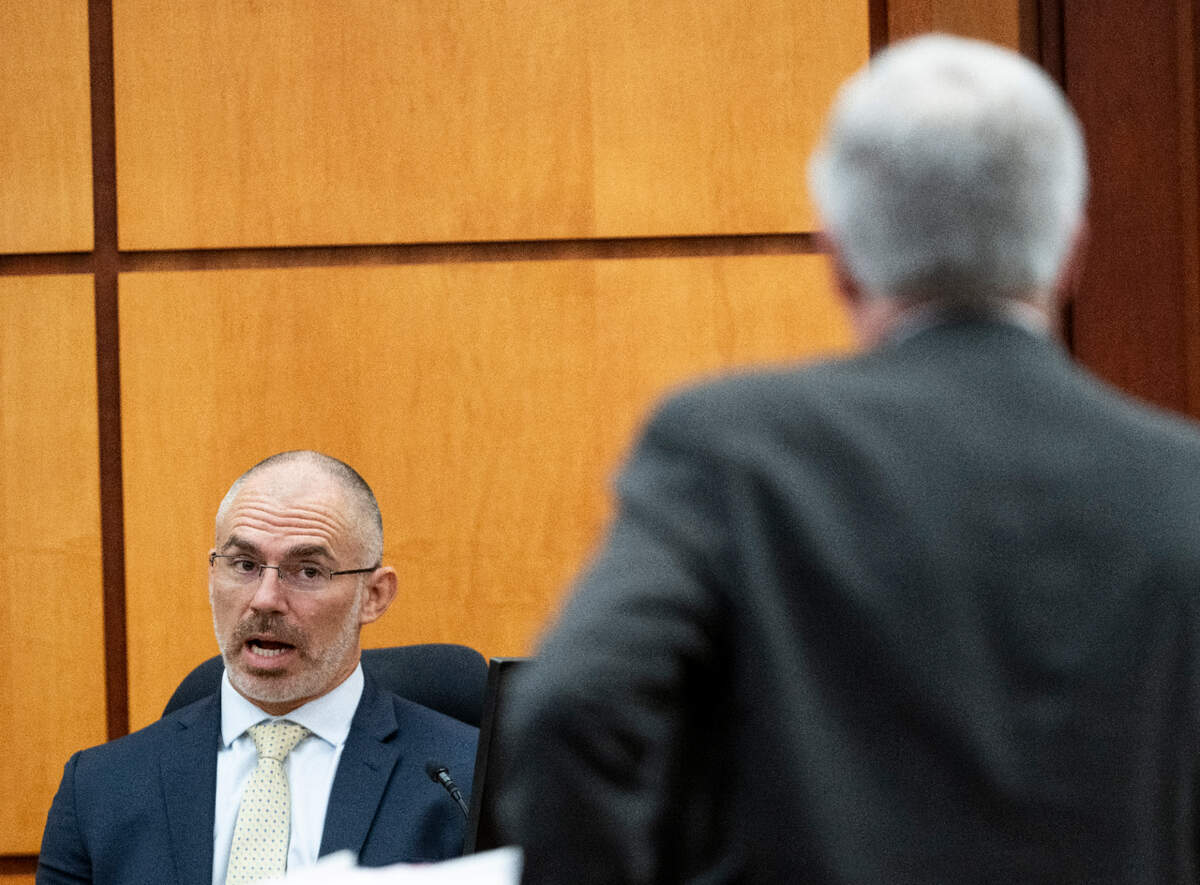 Chris Nielsen, a use-of-force expert&nbsp;and law enforcement officer, testifies under examination by defense attorney Wayne Fricke during the trial of three Tacoma Police officers in the killing of Manny Ellis at Pierce County Superior Court, Monday, Nov. 27, 2023, in Tacoma, Wash. Tacoma Police Officers Christopher Burbank, Matthew Collins and Timothy Rankine stand trial for charges related to the March 2020 killing of Manny Ellis. (Brian Hayes / Pool Photo – The News Tribune)