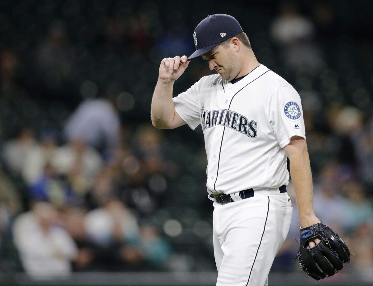 Seattle Mariners starting pitcher Wade LeBlanc walks off the field after being removed during the seventh inning of the team’s baseball game against the Baltimore Orioles on Tuesday, Sept. 4, 2018, in Seattle. (AP Photo/John Froschauer)