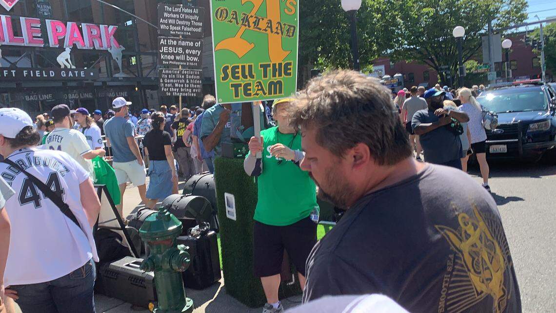 Supporters of the A’s remaining in Oakland had messages for team owner John Fisher and MLB commissioner Rob Manfred just beyond the left-field stands at T-Mobile Park along Royal Brougham Way before the 93rd All-Star Game July 11, 2023.