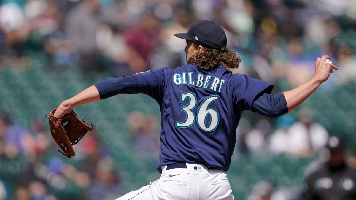 Seattle Mariners starting pitcher Logan Gilbert throws against the Philadelphia Phillies during the first inning of a baseball game, Wednesday, May 11, 2022, in Seattle. (AP Photo/Ted S. Warren)