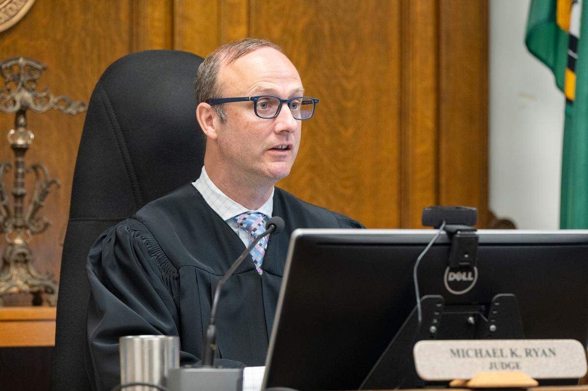 King County Superior Court Judge Michael Ryan presides over a civil case where Pierce County Prosecuting Attorney Mary Robnett is seeking to bar Joan Mell from acting as Pierce County Sheriff Keith Swank’s attorney. Photographed on Monday, June 16, 2025, at the King County Courthouse in Seattle.