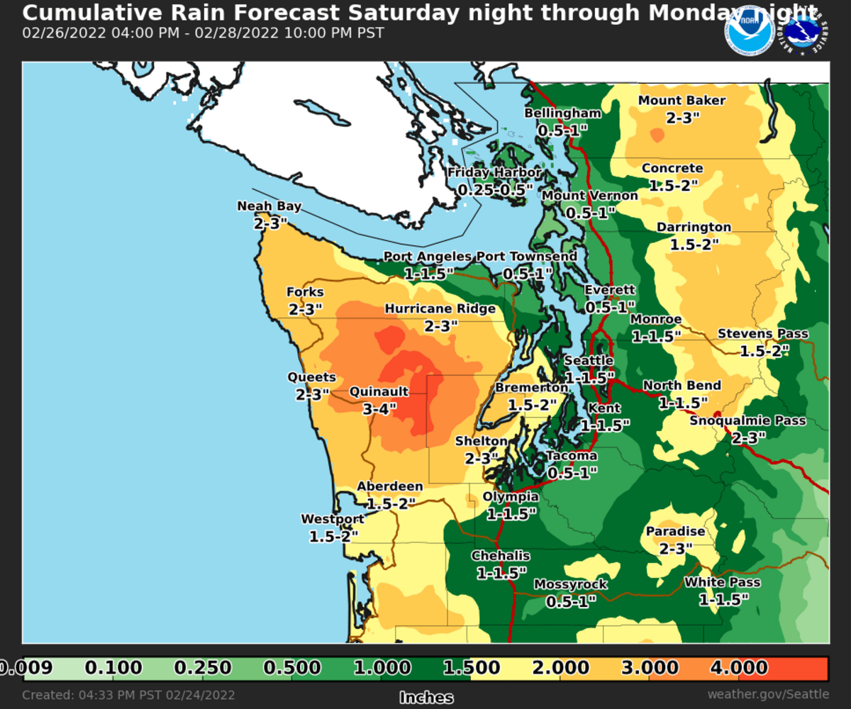 Cumulative rain forecast for Saturday night through Monday night in Western Washington.