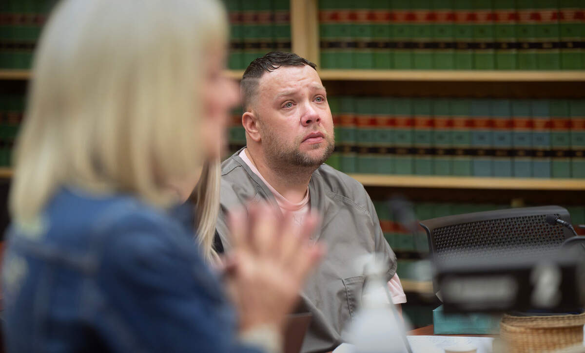 Jacob Eugene Wyant cries as he listens to Theresa Fawcett - the aunt of Wyant’s deceased passenger, Roxanne Bagnariol - after pleading guilty to vehicular homicide in Pierce County Superior Court in Tacoma, Washington, Tuesday, Oct. 29, 2024. Wyant was sentenced to 84 months in prison for the charges stemming from his fleeing police and subsequent crash that killed Bagnariol.