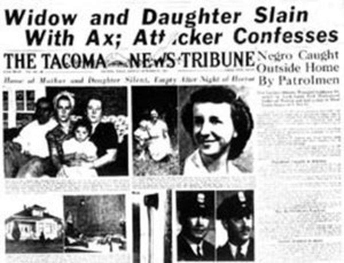 A news clipping from The Tacoma News Tribune about Jake Bird’s killing of two women with an ax.