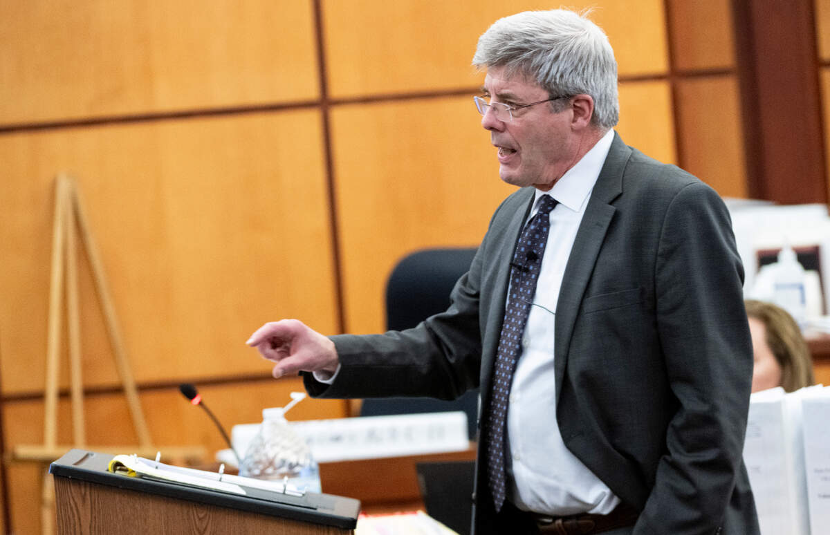 Defense attorney Wayne Fricke gives closing arguments for Defendant Christopher “Shane” Burbankduring the trial of three Tacoma Police officers in the killing of Manny Ellis at Pierce County Superior Court, Tuesday, Dec. 12, 2023, in Tacoma, Wash. Tacoma Police Officers Christopher Burbank, Matthew Collins and Timothy Rankine stand trial for charges related to the March 2020 killing of Manny Ellis. (Brian Hayes / Pool Photo – The News Tribune)