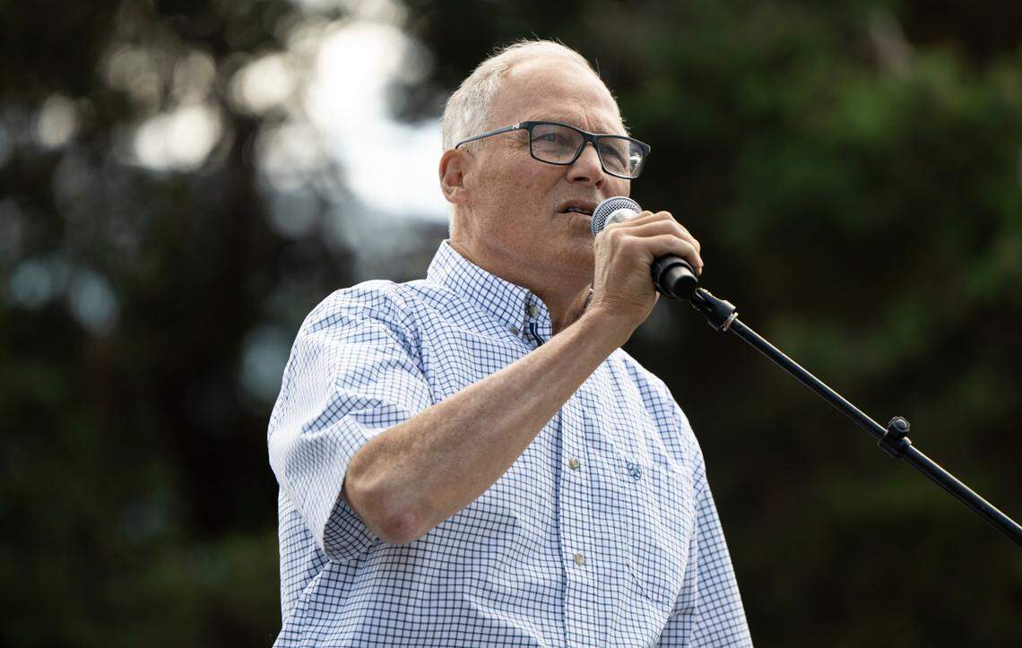 Former Washington governor Jay INslee speaks during a “No Kings and people power” protest at People’s Park, on Saturday, June 14, 2025, in Tacoma, Wash.