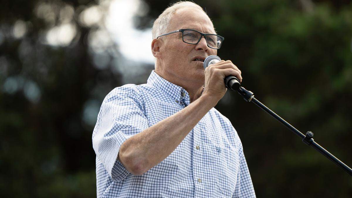 Former Washington governor Jay INslee speaks during a “No Kings and people power” protest at People’s Park on June 14 in Tacoma.