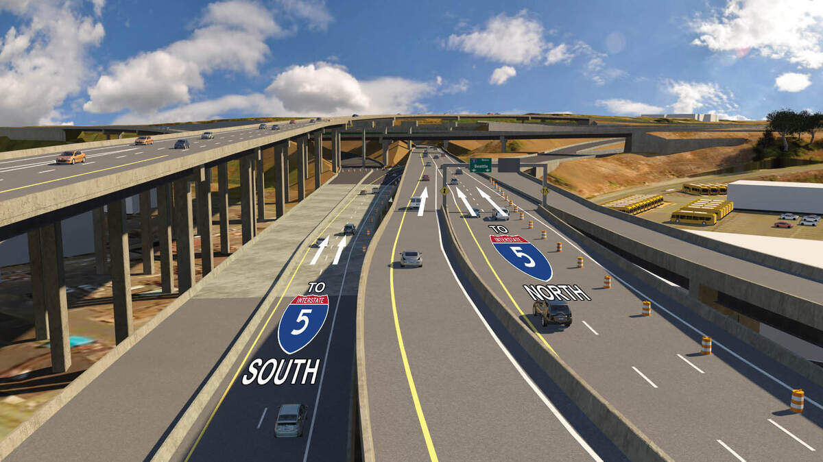 This conceptual drawing shows what state Route 16 looking east as it approaches Interstate 5 in Tacoma will look like during a temporary 30-day long reconfiguration starting in mid-October.