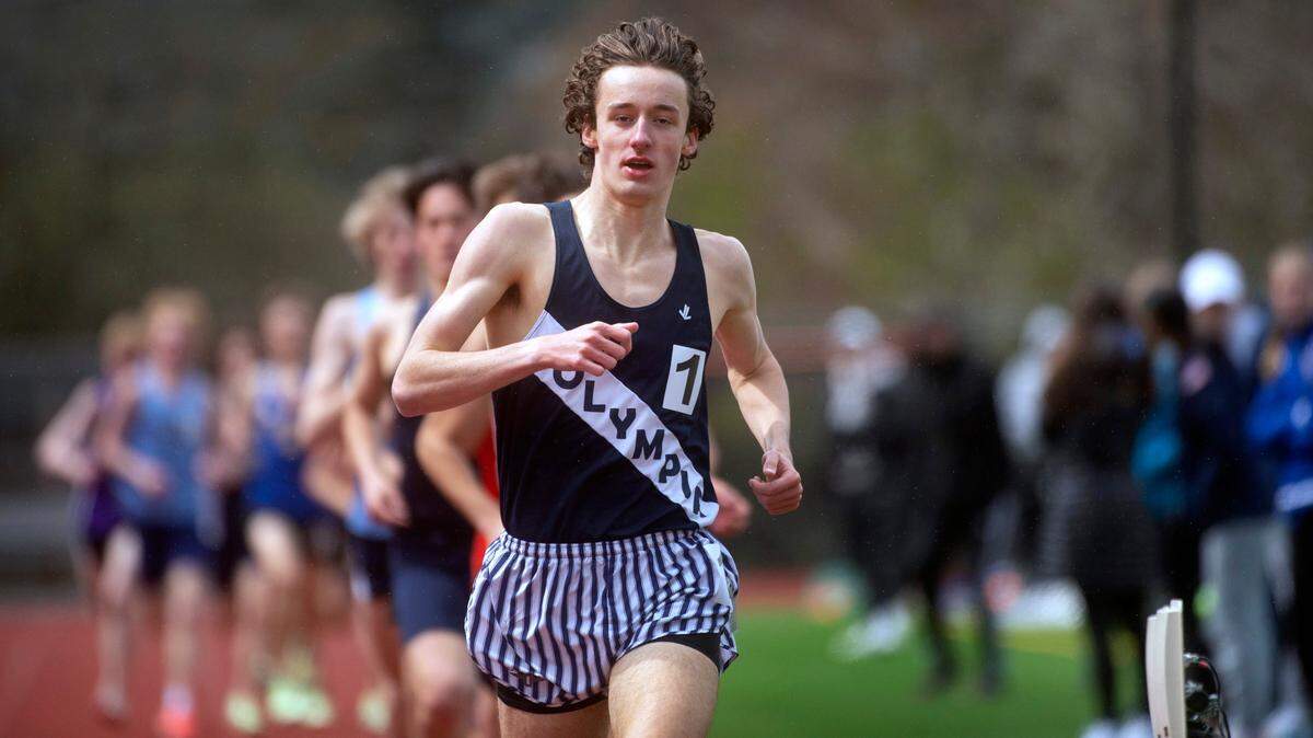 Olympia’s Ethan Coleman cruises to victory in the boys 1600-meter run the South Sound Track & Field Classic at Sparks Stadium in Puyallup. Washington, on Saturday, April 16, 2022.