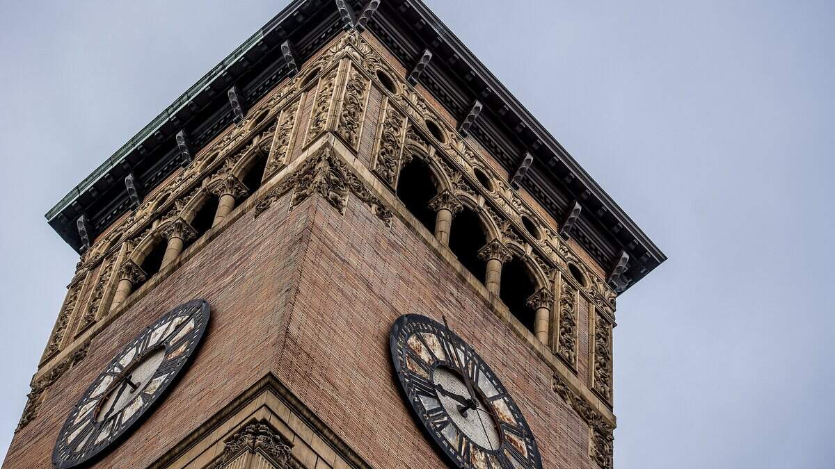 The Italian villa style clock tower at Old City Hall in Tacoma.