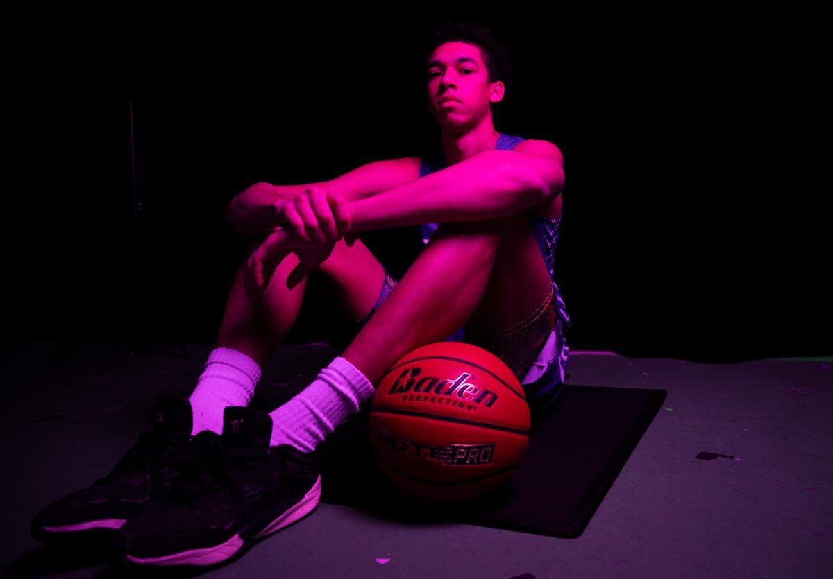 North Thurston’s Ray Adams poses for a portrait after being selected as The News Tribune’s 2023 All-Area basketball first team, at Silas High School, on Sunday, March 17, 2024 in Tacoma, Wash.