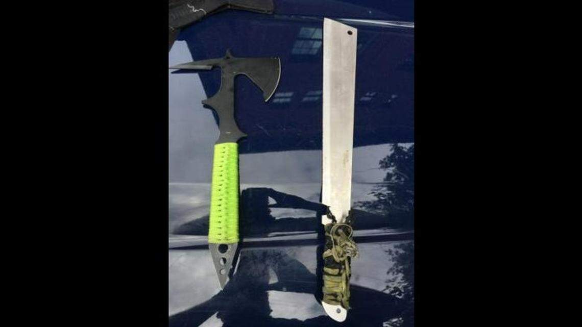 Police found an ax and machete on 37-year-old Elizabeth A. Zurcher-Wood on Aug. 22, 2021, in Portland after they arrested her. Zurcher-Wood pulled out a machete when a family tried to get away from her after she accused them of stealing her son.