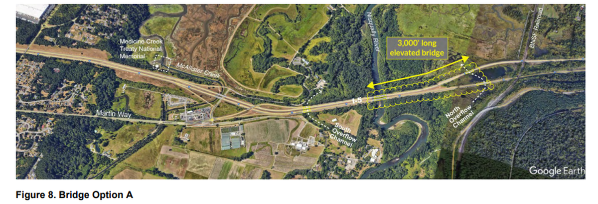A map depicts an option to replace the Nisqually River bridges along I-5, remove fill under the bridges and add an additional bridge structure approximately 3,000 feet in length.