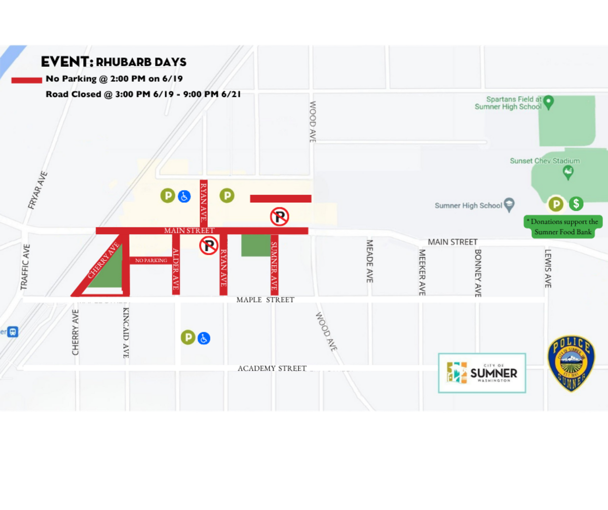 A map of the road closures happening from June 20 to 21 during the Rhubarb Days Festival in Sumner.