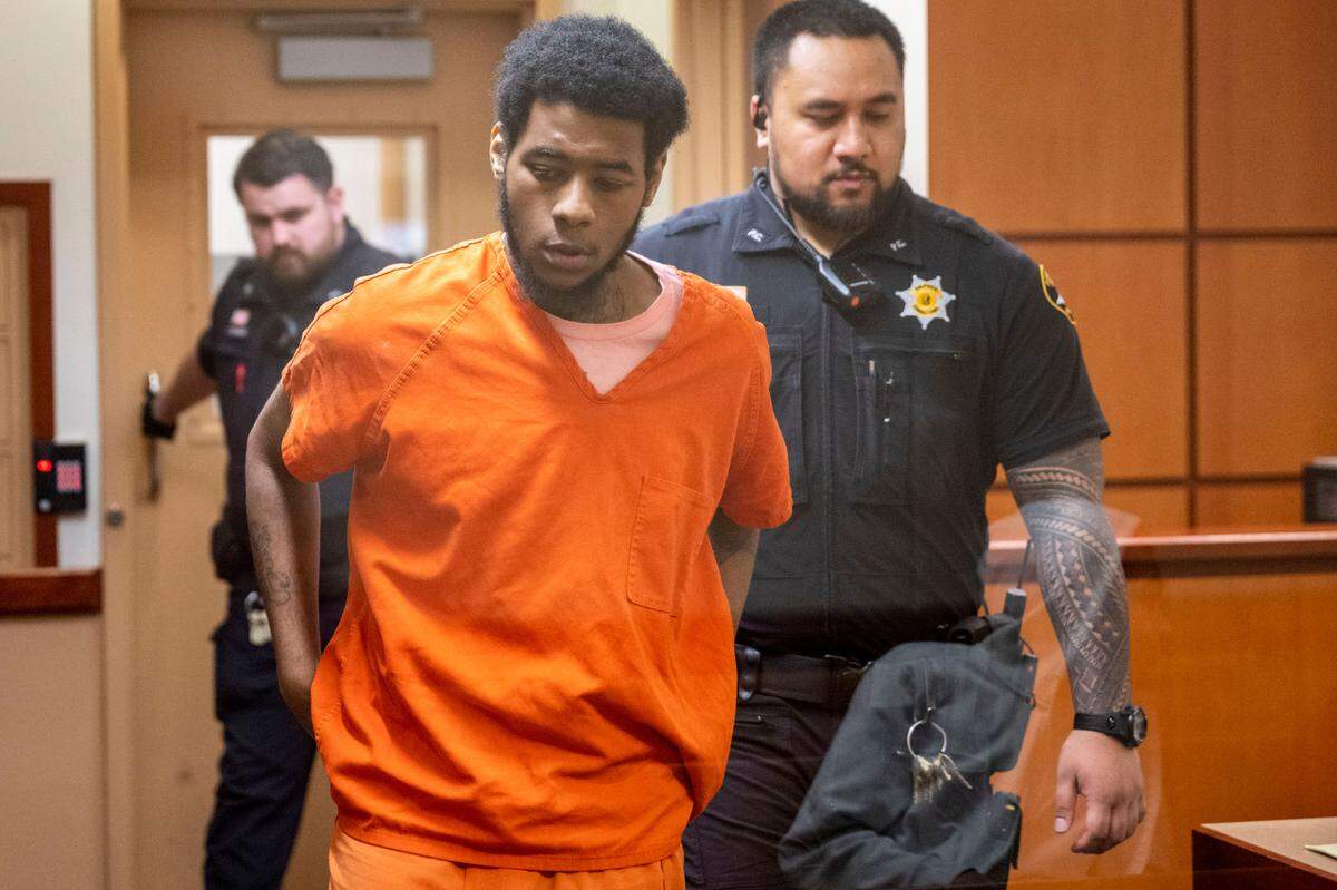 Sarome Jaquan Marquis Stabler, 22, is led into a Pierce County Superior Court room for a bail hearing on Friday, March 10, 2023, in Tacoma, Wash. On March 9, 2023, Stabler fatally shot a 38-year-old man at a shopping center in Lakewood, Wash.