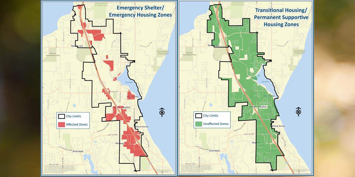 Red areas show areas where an emergency homeless shelter might be allowed. Green areas show where permanent transitional housing might be allowed.