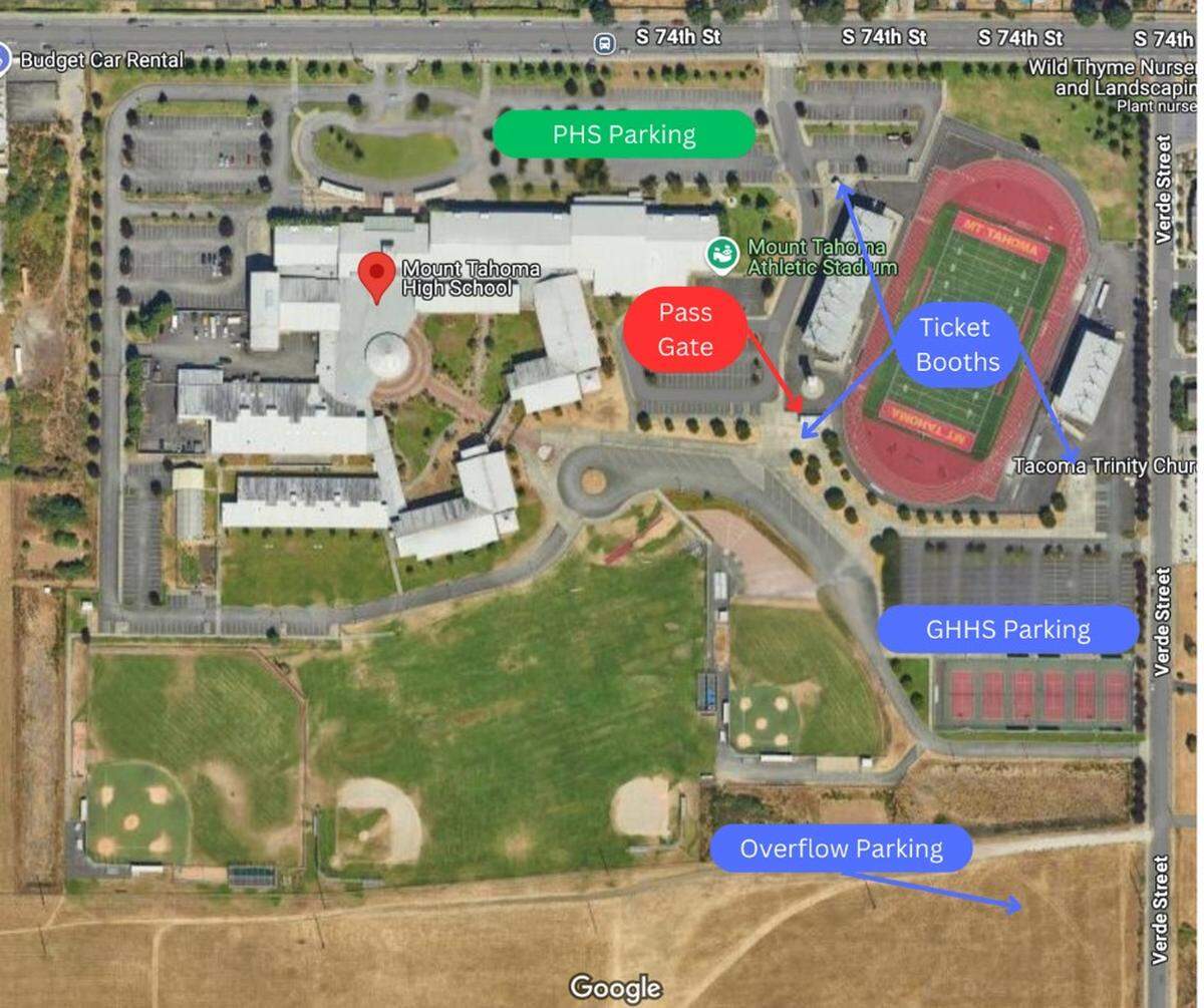 The Peninsula School District released a map showing assigned parking locations for each school at the 2025 Fish Bowl football game between the Gig Harbor High School Tides and the Peninsula High School Seahawks. Overflow parking is also available outside Mount Tahoma Stadium in Tacoma, Wash., Saturday, Sept. 6, 2025.