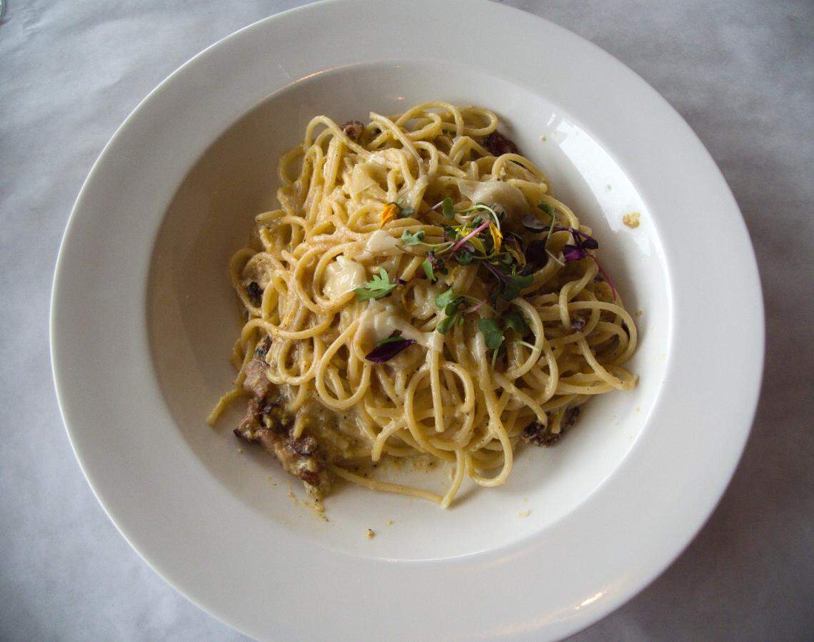 A plate of carbonara pasta from Macaluso’s Italian Restaurant in Ruston.