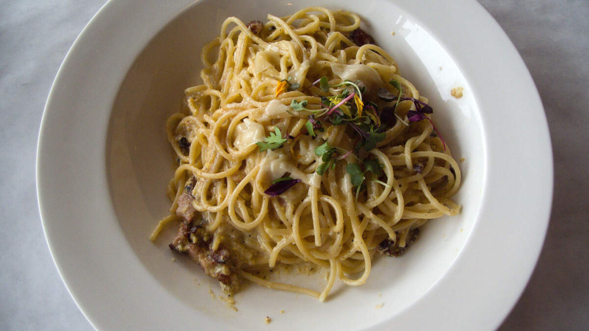 A plate of carbonara pasta from Macaluso’s Italian Restaurant in Ruston.
