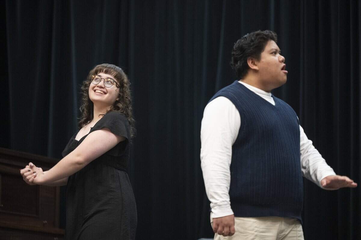 Keilana Olson, left, as Clarissa, plays a character in Jo March's story with AJ Fronda, as Rodrigo, in the musical Little Women on Wednesday, June 3, 2026, at Tacoma Community College in Tacoma, Wash. The musical is the first fully-staged production at TCC in more than 30 years.