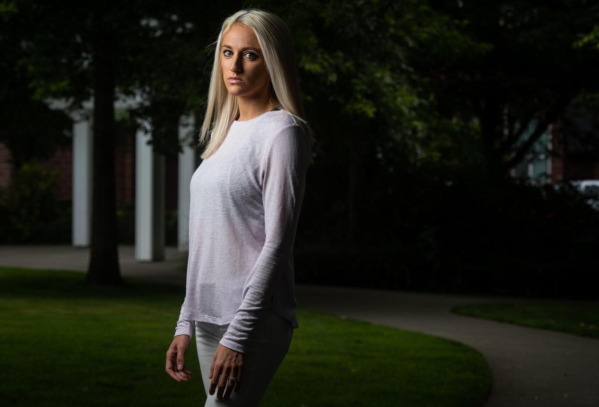 Traci Moran photographed at Ross Plaza Park in DuPont on Thursday, July 25, 2019. Moran, the wife of a Joint Base Lewis-McChord soldier, says she suffered months of harassment from a Tacoma rabbi. When she sought help from a JBLM chaplain, she was rebuffed, she says.
