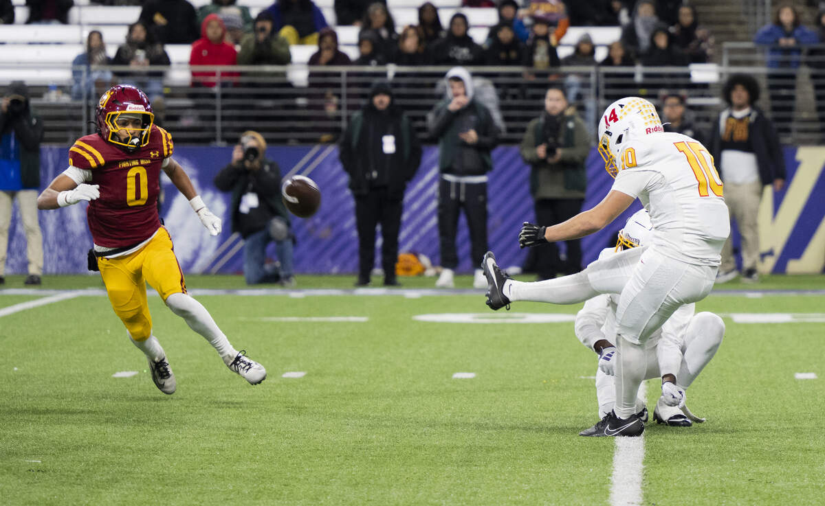 Mt. Tahoma kicker Junior Contreras-Barragan (10) hits a extra point to take the lead for Mt. Tahoma against O’Dea during the fourth quarter of the 3A State Championship game at Husky Stadium, on Friday, Dec. 5, 2025, in Seattle.