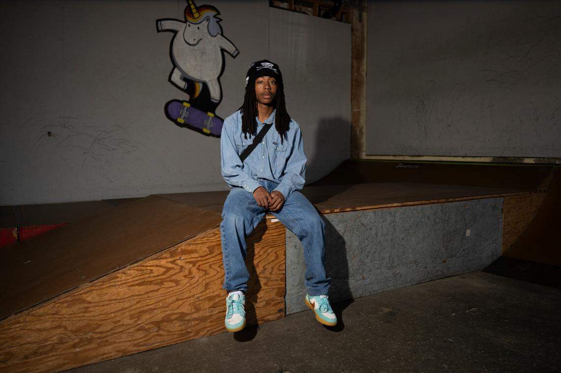 Josh Westbrooks, a former AmeriCorps service member at Alchemy Skateboarding, poses for a portrait, on Thursday, May 8, 2025, in Tacoma.