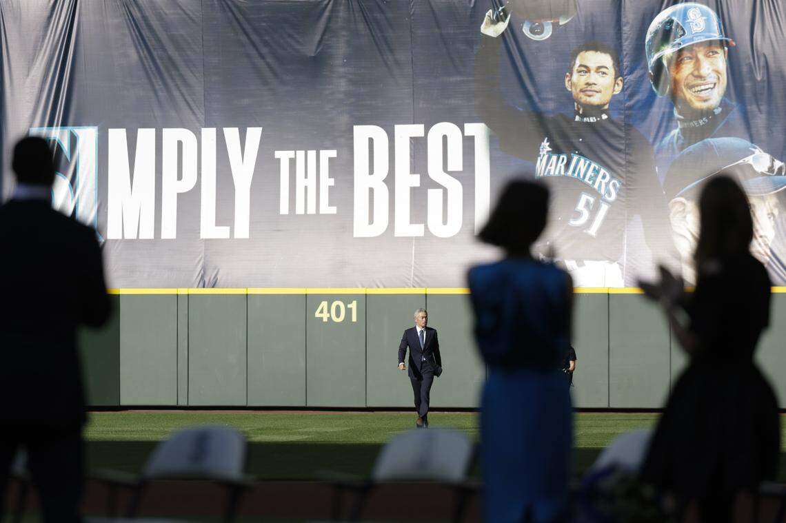 Aug 9, 2025; Seattle, Washington, USA; Seattle Mariners former outfielder Ichiro Suzuki (51) arrives for a ceremony to retire his number before a game against the Tampa Bay Rays at T-Mobile Park. Mandatory Credit: Joe Nicholson-Imagn Images