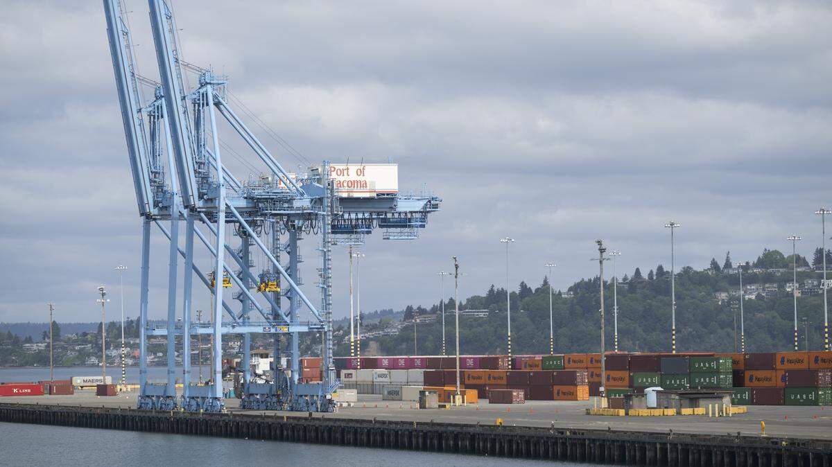 A set of cranes at the Port of Tacoma are pictured on Thursday, May 7, 2026, in Tacoma, Wash.