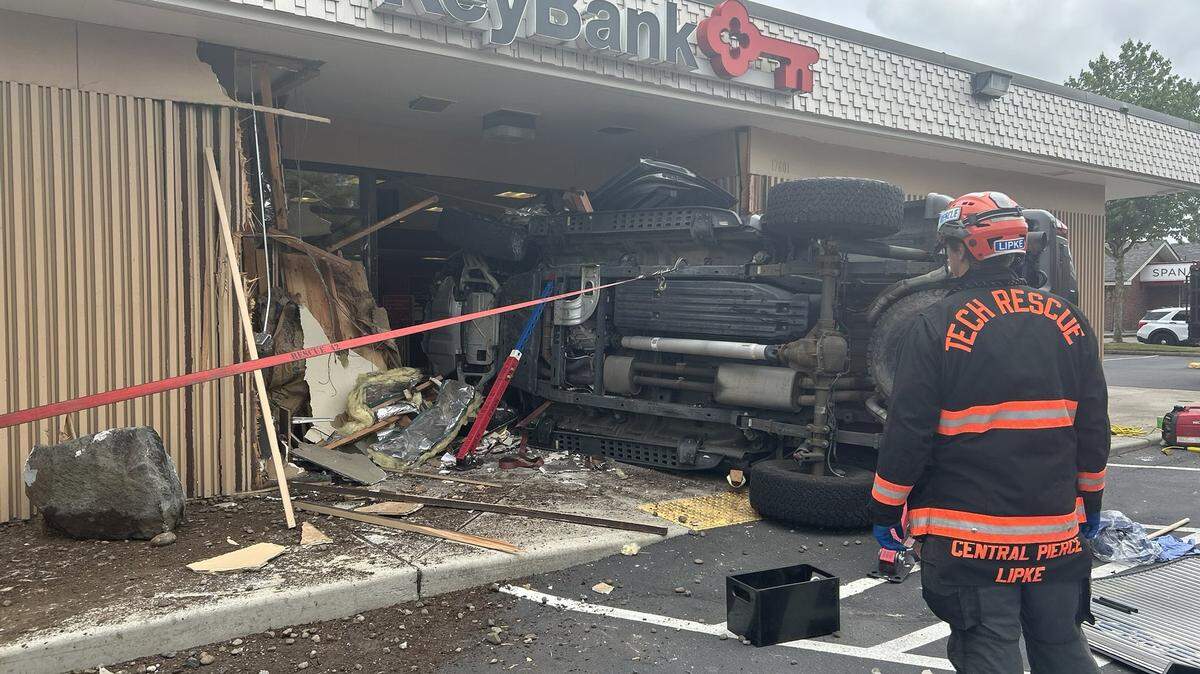 A vehicle crashed into a Key Bank location and caused serious damage on Friday, May 16, 2025, in Spanaway, Wash.
