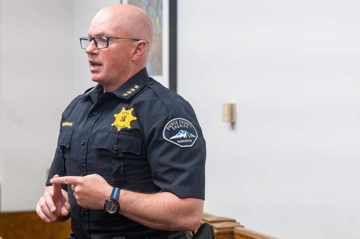 Pierce County Sheriff Keith Swank speaks with the News Tribune after an injunction was placed in a hearing in a civil case where Pierce County Prosecuting Attorney Mary Robnett is seeking to bar Joan Mell from acting as Swank’s attorney on Monday, June 16, 2025, at the King County Courthouse in Seattle.