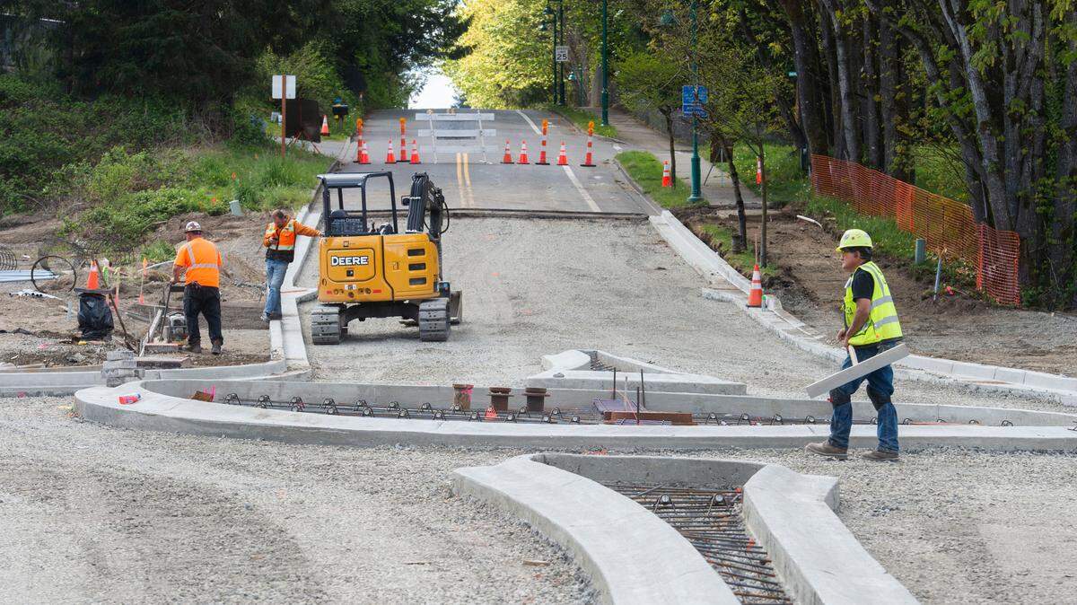 The roundabout on Rosedale Street NW and Stinson Avenue, seen here in April 2021, will undergo more work this week.