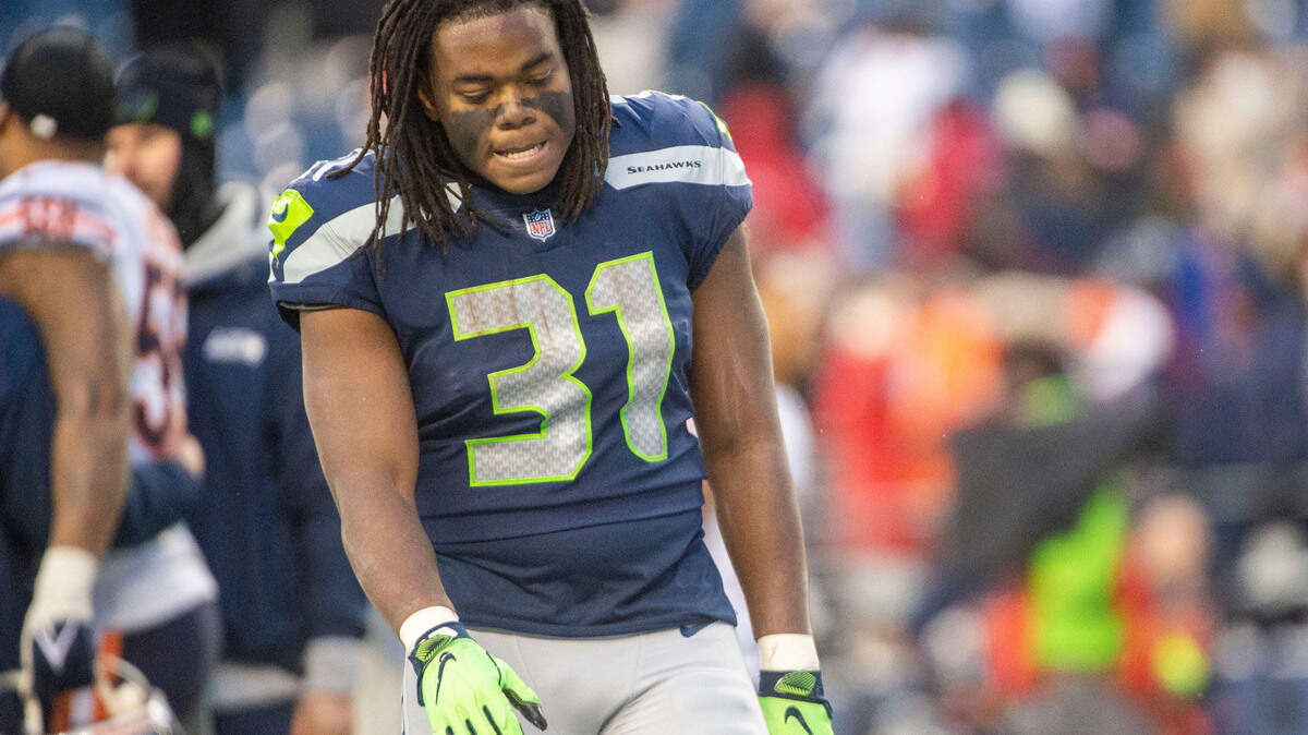 Seattle Seahawks running back DeeJay Dallas (31) grimaces after his team’s 25-24 loss to the Chicago Bears in an NFL game on Sunday afternoon at Lumen Field in Seattle.