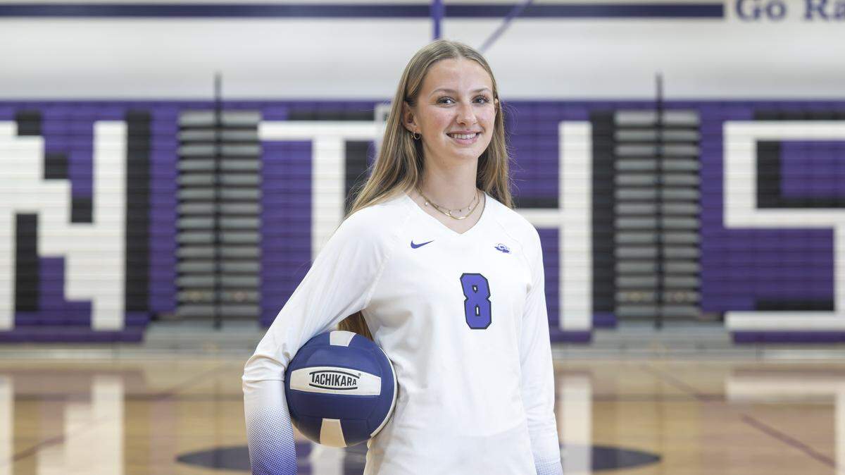 North Thurston's Addy Conner, named The News Tribune's All-Area volleyball player of the year, stands for a portrait on Monday, Dec. 15, 2025, at the school in Olympia, Wash. Conner guided the Rams to their first state title in program history.