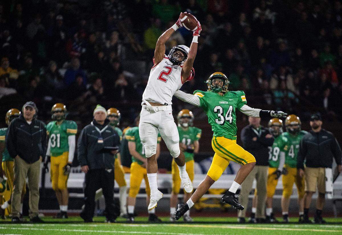 Steilacoom’s Emeka Egbuka intercepts a pass during the second quarter. Steilacoom played Tumwater in the 2A WIAA Football State Championship at Sparks Stadium in Puyallup, Wash., on Saturday, Dec. 7, 2019.