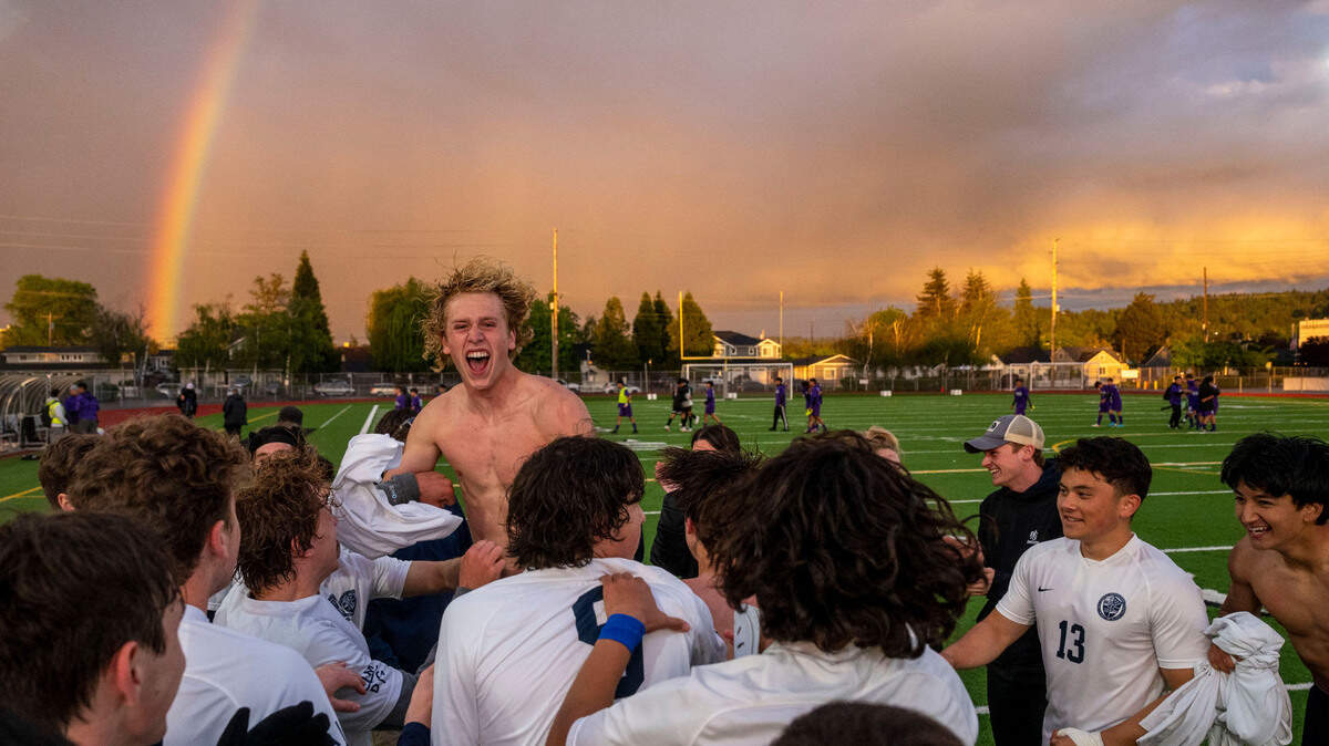Bellarmine Prep players celebrate after beating Pasco in a shootout in a 4A semifinal game at Sparks Stadium on Friday, May 27, 2022, in Puyallup, Wash.