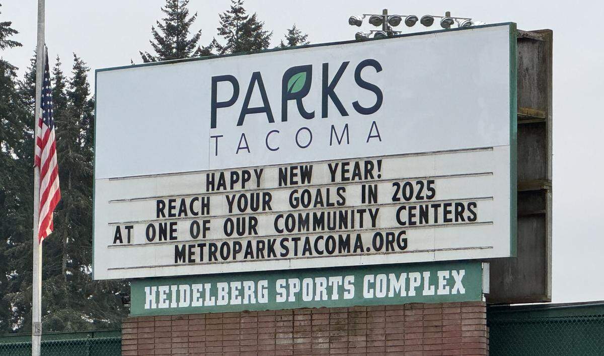 A sign at Heidelberg Davis Park at South 19th and South Tyler streets was the first to bear Parks Tacoma’s new logo. Photographed on Jan. 13, 2025.