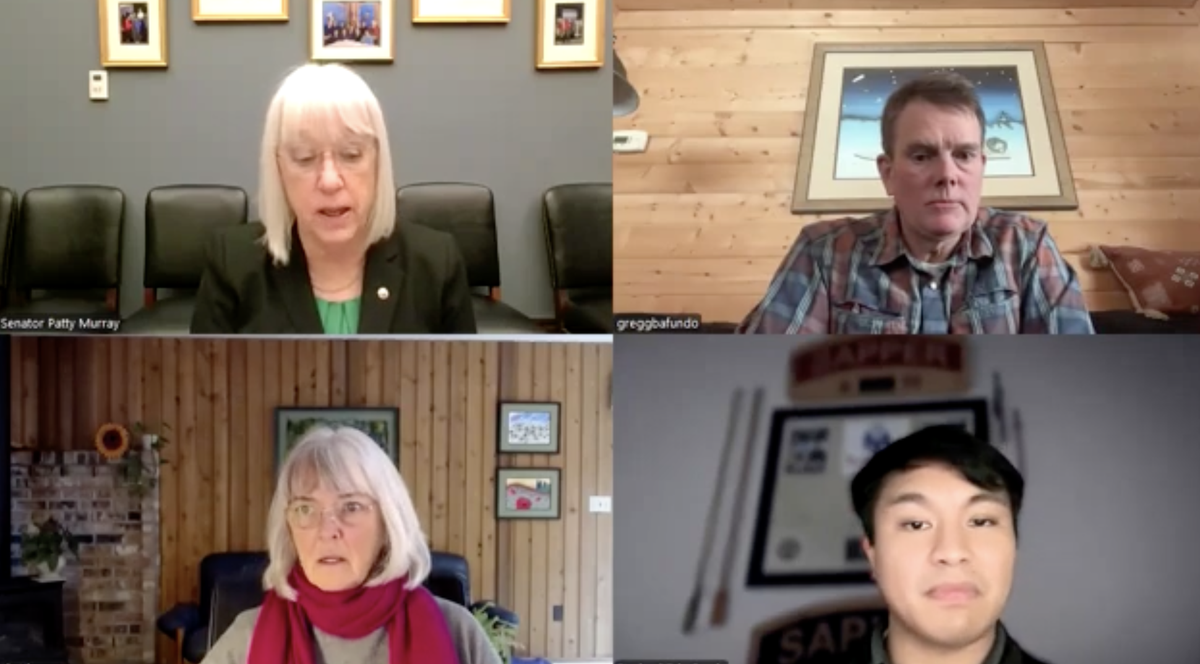 Former federal workers joined Sen. Patty Murray (top left) in Wednesday’s virtual news conference, including Gregg Bafundo (top right), Liz Krumpp (bottom left) and Raphael Garcia (bottom right).