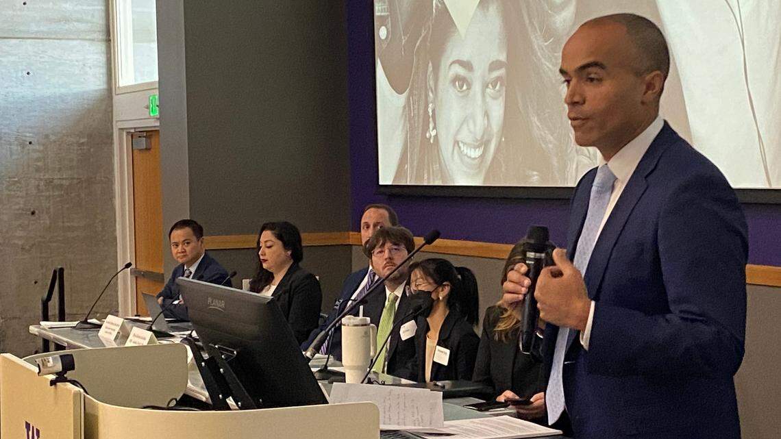 U.S. Attorney Nick Brown speaks at the United Against Hate: Identifying, Reporting and Preventing Hate Crimes conference in November 2022 at the University of Washington Tacoma.