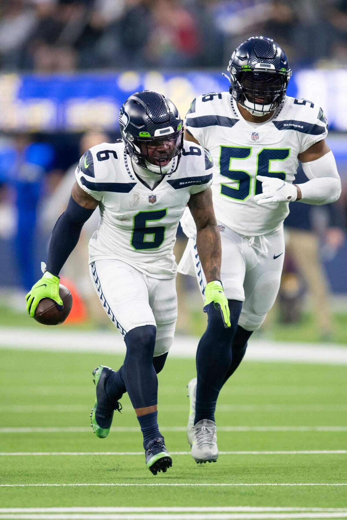 Seattle Seahawks free safety Quandre Diggs (6) reacts after intercepts a pass during an NFL football game against the Los Angeles Rams Tuesday, Dec. 21, 2021, in Inglewood, Calif. (AP Photo/Kyusung Gong)