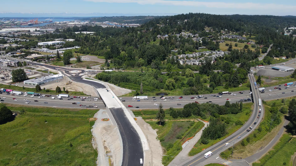 Aerial views show the new Wapato Way East Bridge over I-5 in Fife, opening to drivers on Monday, June 28, 2021.