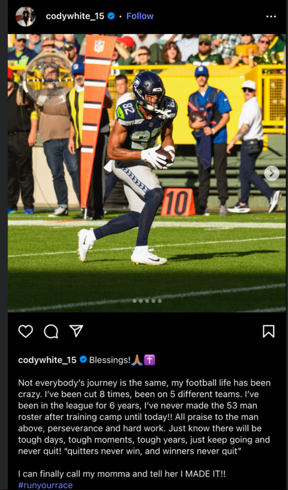 Wide receiver Cody White posted on Instagram Aug. 26, 2025, making his first initial 53-man NFL regular-season roster out of training camp, sticking with the Seattle Seahawks.