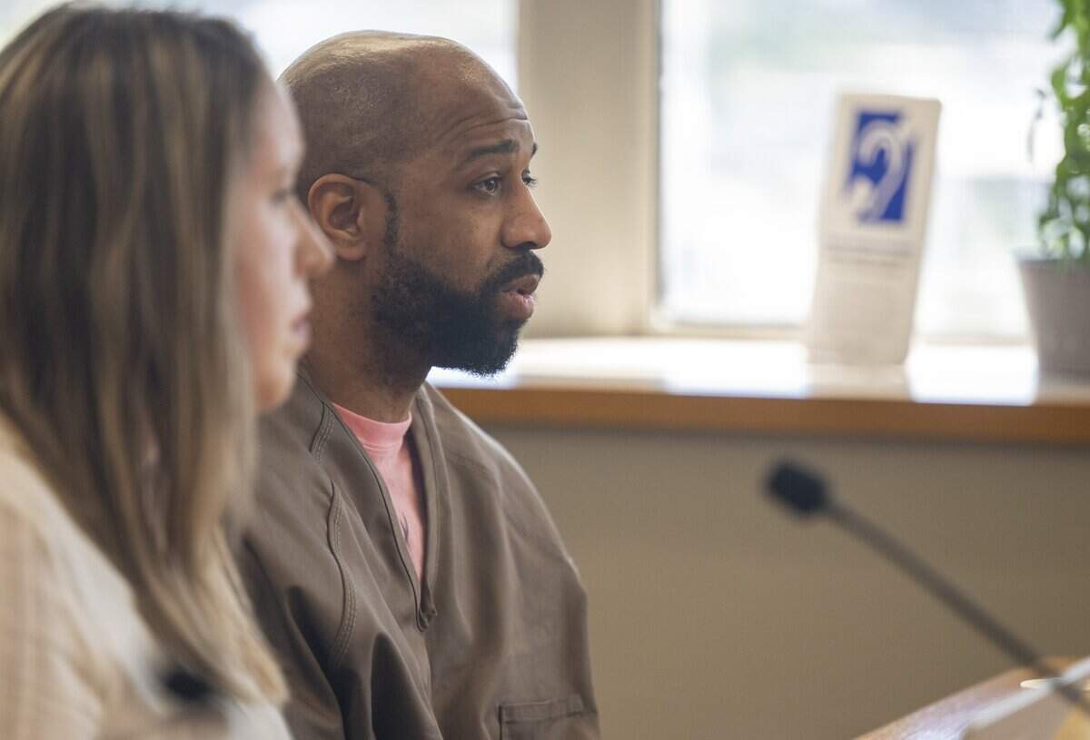 Bobby Joe Ezra Plain speaks at his sentencing hearing on Friday, July 10, 2026, at Pierce County Superior Court in Tacoma, Wash. Plain pleaded guilty in April to first-degree manslaughter for the May 15, 2023 fatal shooting of 28-year-old Chantelle Grayson near Tacoma's Sixth Avenue.
