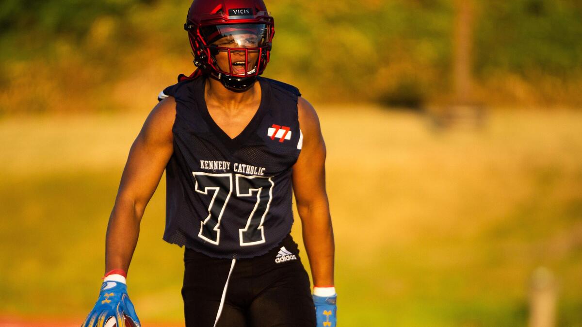 Sav’ell Smalls during Kennedy Catholic High School football practice at Kennedy Catholic High School in Burien, Wash., on Thursday, Aug. 22, 2019.