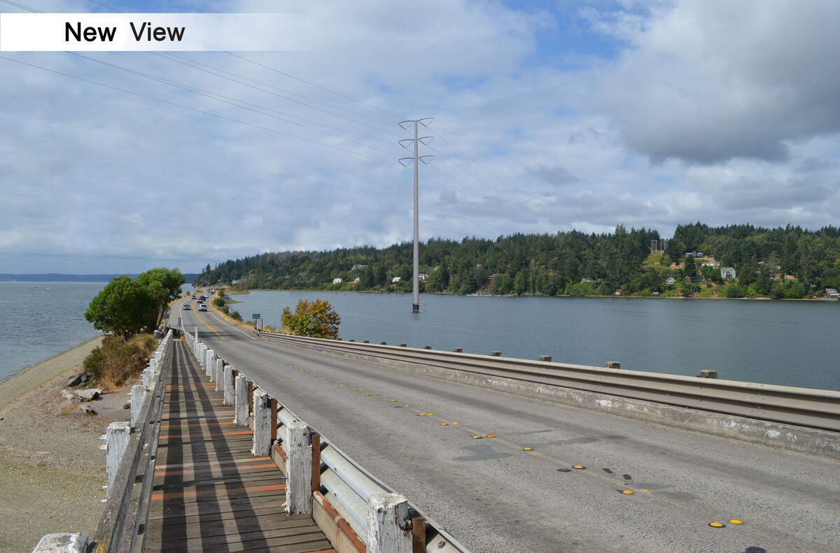 This graphic design shows what the new view of Henderson Bay and the Burley Lagoon will be after Tacoma Power removes four, old power poles and replaces it with one new steel pole.