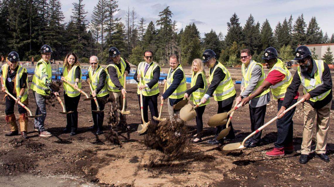Officials break ground on a new campus for the Northwest Carpenters Institute of Washington at Center Plaza 6, part of DuPont’s Northwest Landing.