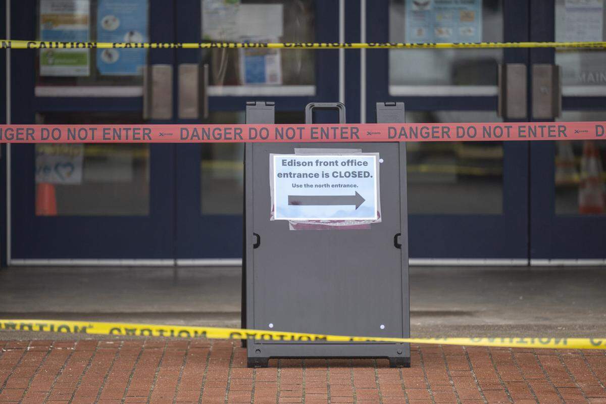 An entrance to Edison Elementary School is blocked off on Tuesday, Feb. 3, 2026, in Tacoma, Wash. This comes after a collapse of the facade on Friday, Jan. 30.