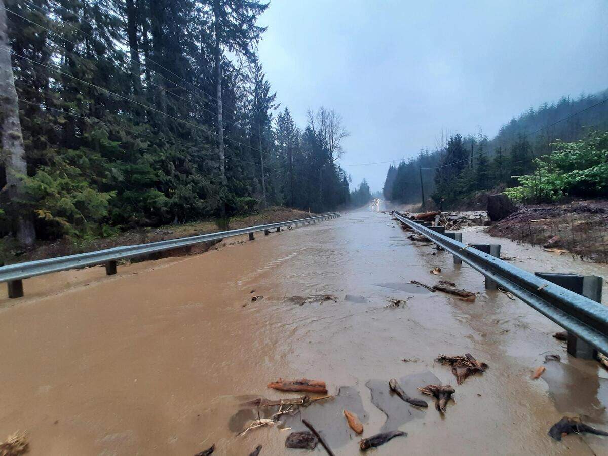 State Route 7 between Elbe and Morton is closed by floodwaters on Monday, Feb. 28.